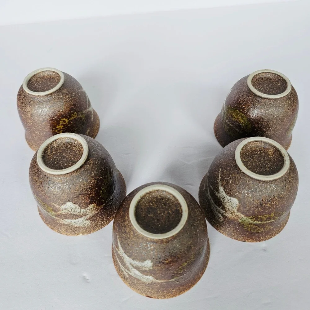 Vtg Japanese Style Tea Cup Set 5 Brown Speckled Pottery Wabi Sabi Rustic Earthy‎